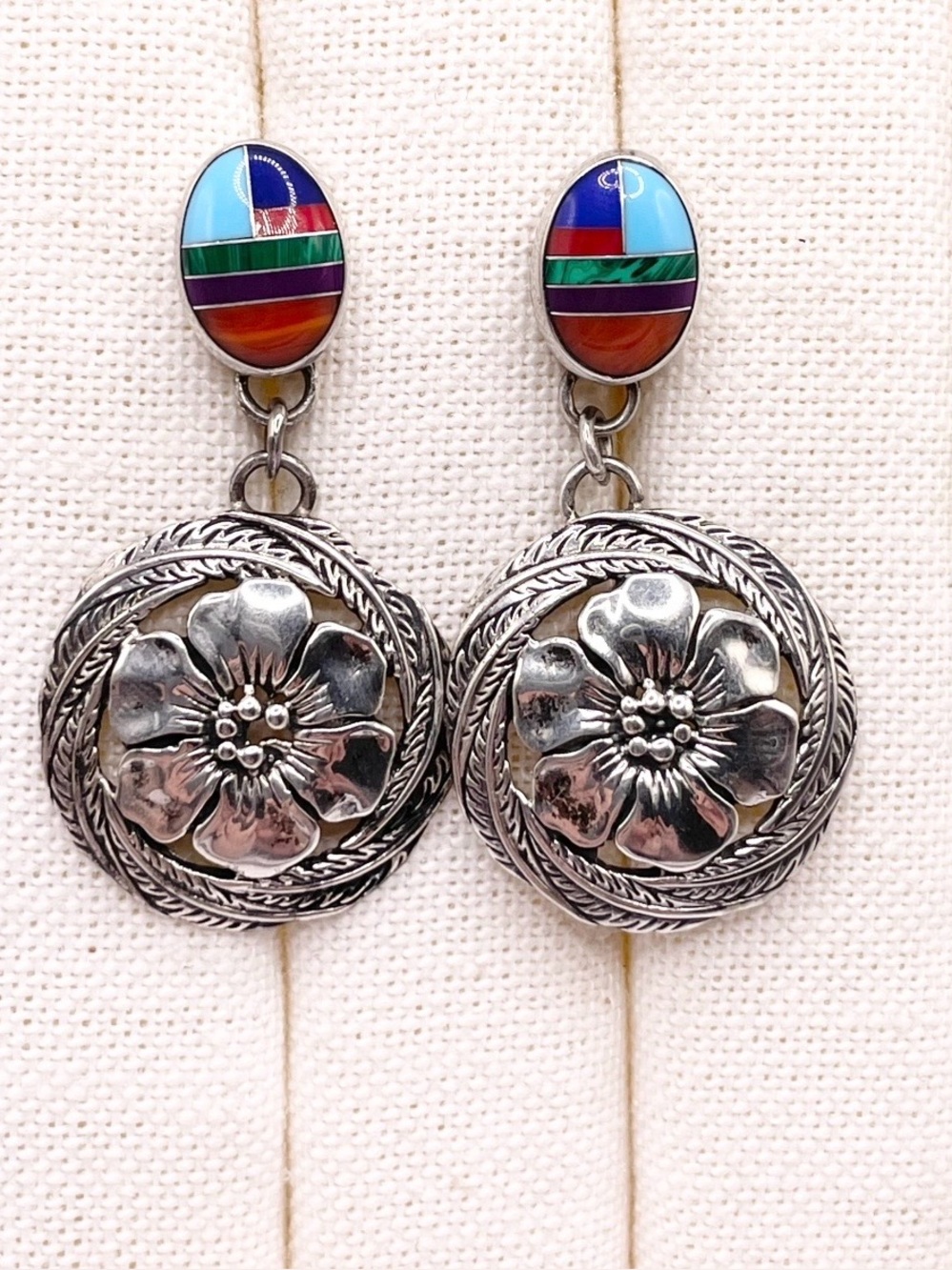 STC signed Multi color inlay 925 Sterling Silver Floral Drop Earrings